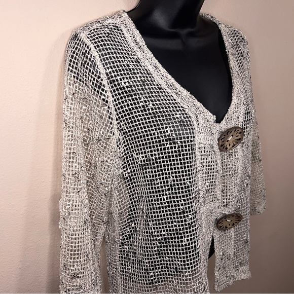 Small Nina Leonard Ivory Open Knit Top Beach Boho Bohemian Vneck Lightweight - Picture 4 of 15